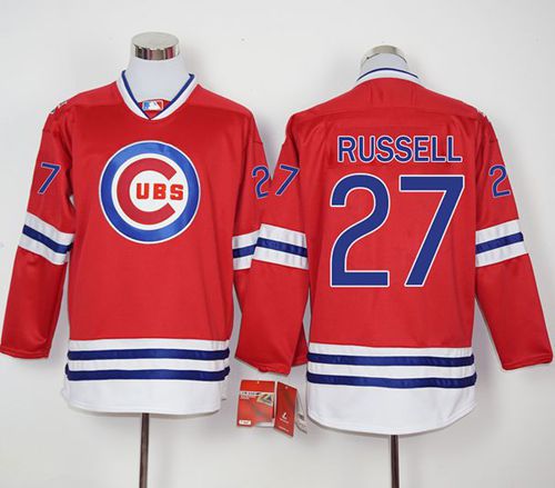 Cubs #27 Addison Russell Red Long Sleeve Stitched MLB Jersey - Click Image to Close